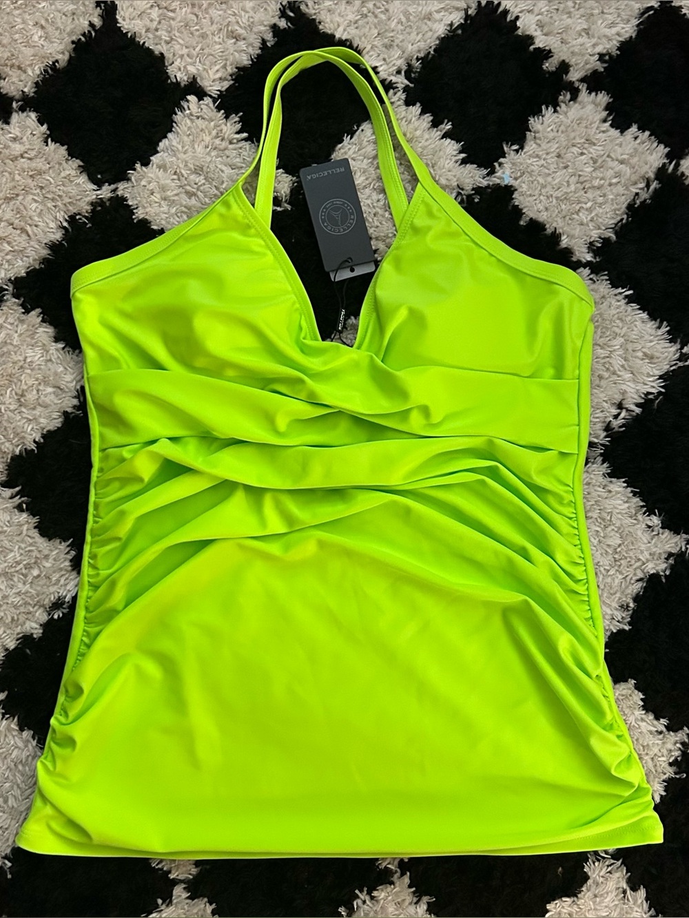 NWT RELLECIGA Swimwear Women’s L Ruched Sides Tankini Swimsuit TOP Neon Green